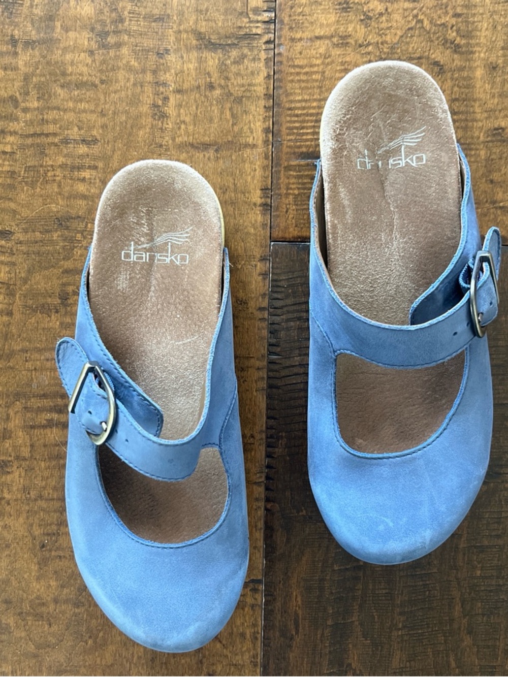 Dansko Martina Mary Jane blue suede clogs with gold buckles EU 37 US 7 - Picture 2 of 5